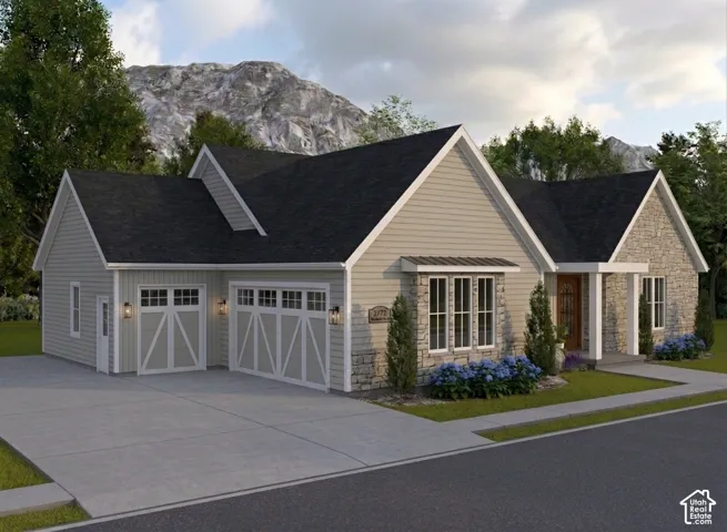Stone and siding exterior with a dark shingle roof