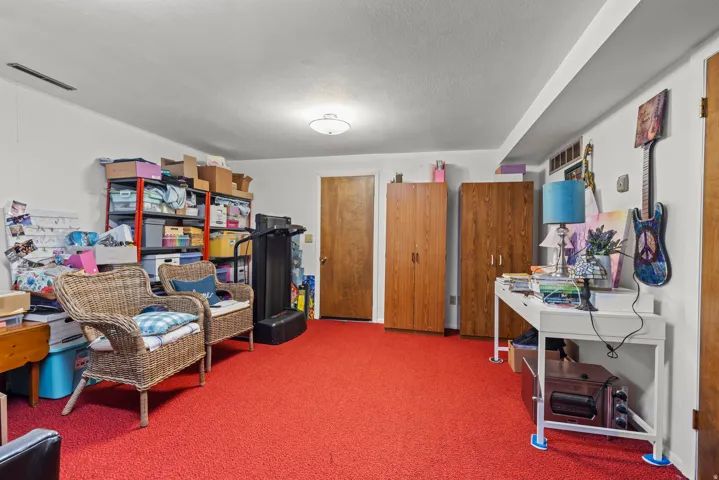 Carpeted flooring, white walls, wood-finish doors, and overhead lighting