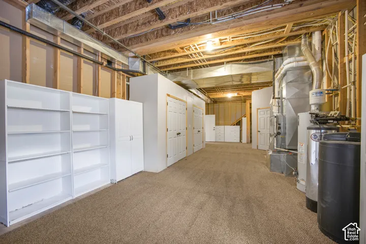 Carpeted lower level with exposed ceiling joists, white built-in shelving, and utility area