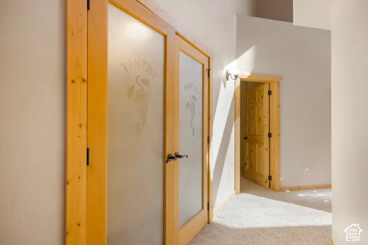 Double frosted glass pantry doors with wood framing