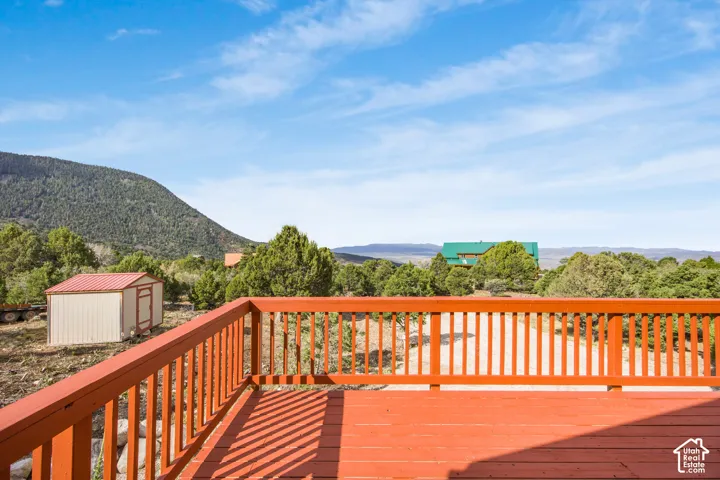 Outdoor wooden deck with railings