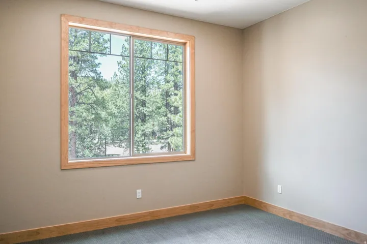 Window with wood trim, wall-to-wall carpeting, and neutral wall tones