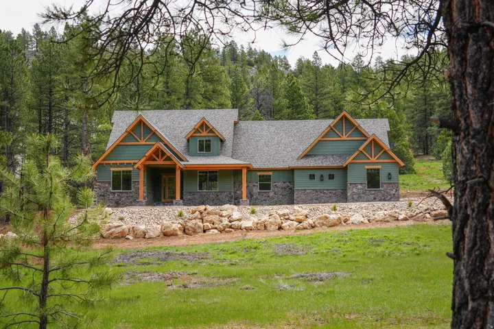 Craftsman-style home featuring a shingle roof, green siding, and stone accents