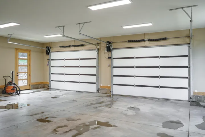 Two white panel garage doors with overhead tracks, concrete flooring, recessed lighting, and a wood-finish door with glass inserts