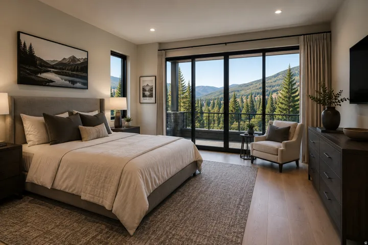 Hardwood flooring, recessed lighting, expansive glass sliding door, integrated outdoor balcony, and dark wood-finish dresser