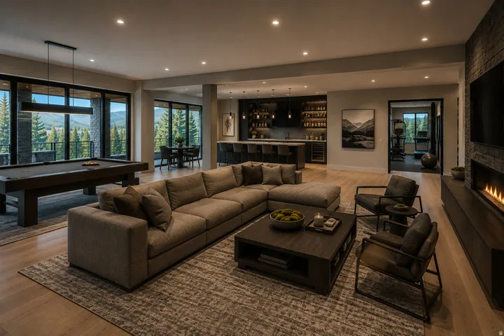 Expansive entertainment space featuring wood-finish flooring, a built-in wet bar, a stone-clad fireplace, a billiard area, and floor-to-ceiling windows