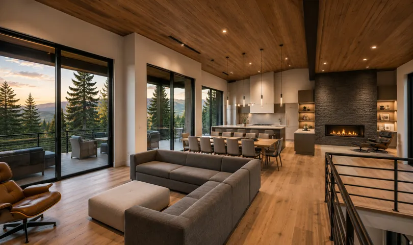 Wood-finish vaulted ceiling, expansive sliding glass doors, light wood-finish flooring, stone-clad fireplace, and integrated kitchen island with pendant lighting