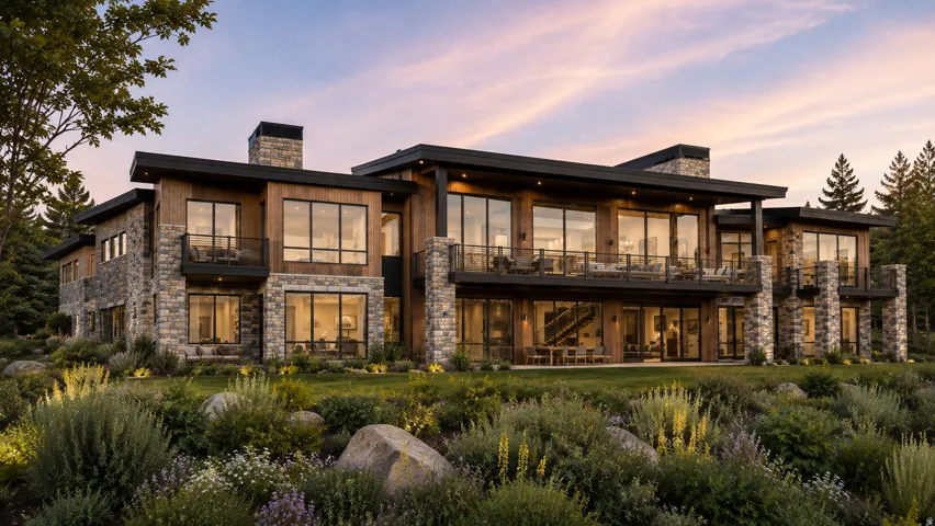 Stone and wood-clad exterior with a dark fascia