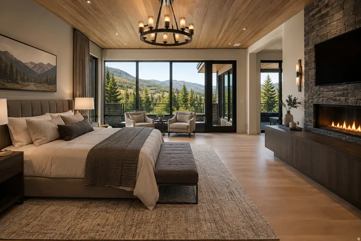 Floor-to-ceiling windows, wood-finish ceiling, stone accent wall with linear fireplace, built-in cabinetry, and wood-finish flooring