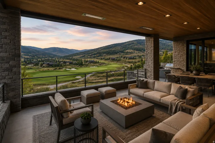 Expansive covered patio featuring a built-in fire pit, stone accent walls, wood-paneled ceiling, and recessed lighting