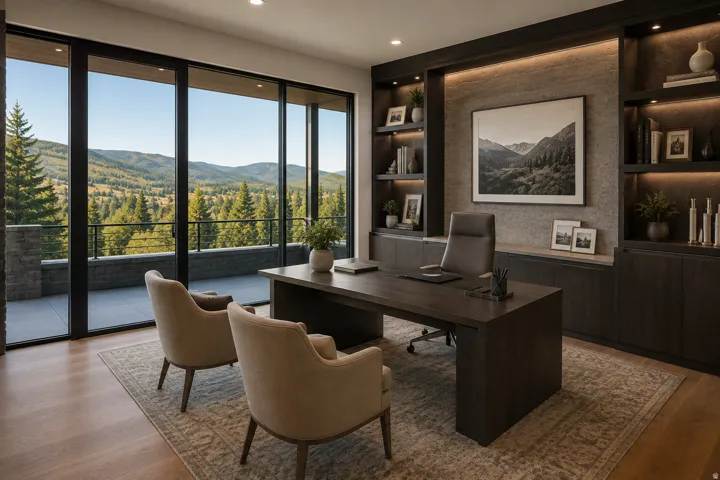 Wall of full-height glass doors opening to an exterior terrace with a mountain backdrop