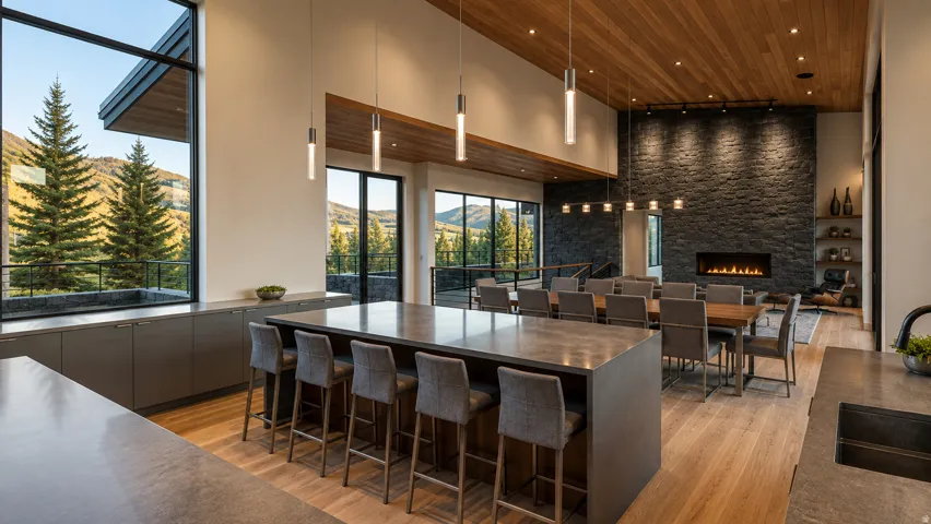 Expansive great room with soaring ceilings, a full-height stone-clad fireplace, and a wood-finish ceiling