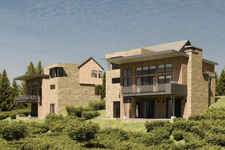 Modern architectural design featuring stone and wood-panel exteriors, multiple balconies with contemporary railings, and expansive window placements