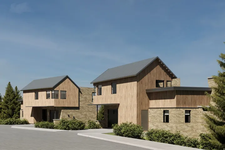 Modern architectural design featuring vertical wood siding and stone accents