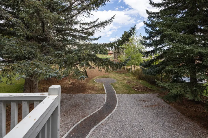 Gravel pathway with a defined walking path, surrounded by mature evergreen trees and natural landscaping