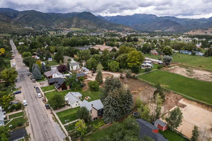 Expansive neighborhood with mature trees, green lawns, and distant mountains