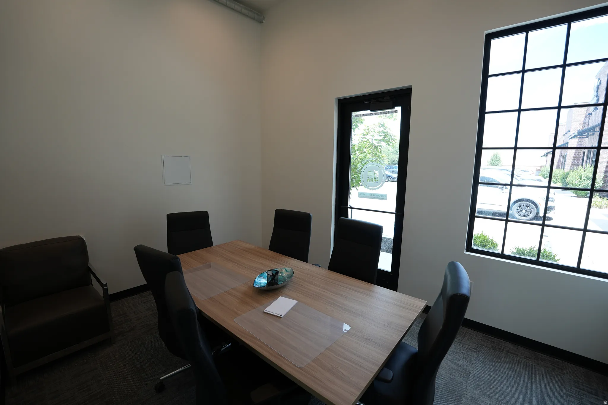 Spacious room featuring a large window with black grid panes, a glass-paneled door, and neutral-toned carpet flooring