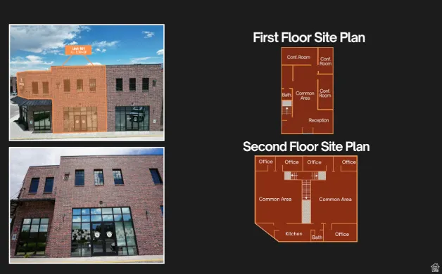 Marketing Brochure. Displaying exterior property images and floor plans for two levels of the property