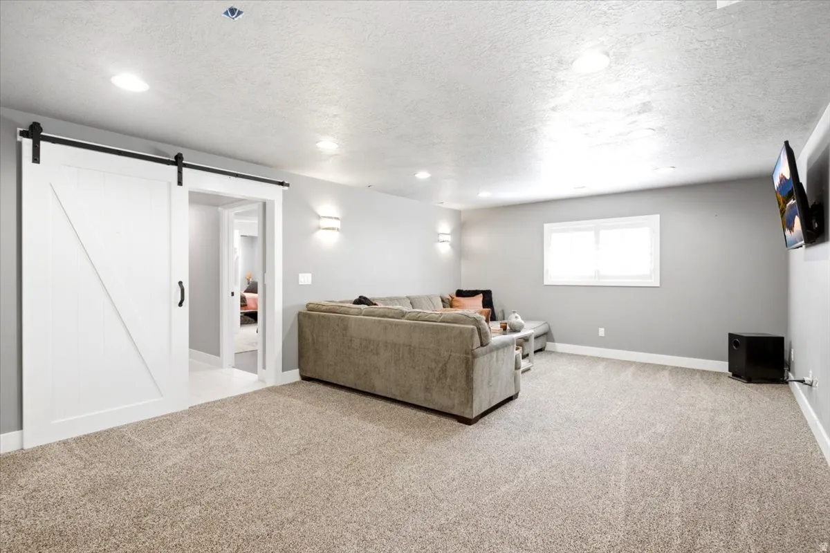 Recessed lighting, light-toned carpeting, and a white sliding barn door with black hardware