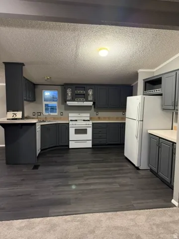 Kitchen featuring dark cabinetry, light countertops, wood-finish flooring, and white appliances