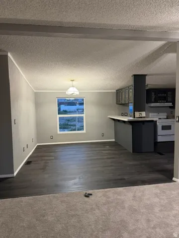Open-concept living area with dark wood-finish flooring, light grey wall paint, and a breakfast bar
