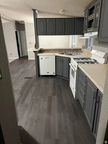 Kitchen featuring dark gray cabinetry, light countertops, and wood-finish flooring