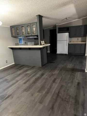 Wood-finish flooring throughout, featuring a kitchen with gray cabinetry and light-toned countertops