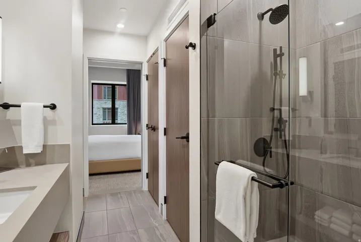 Primary bath vanity and glass-enclosed shower, open to the bedroom beyond.