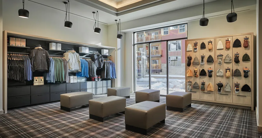 On-site ski shop at Pendry Park City stocked with apparel, helmets and mountain gear, no drive to Main Street.