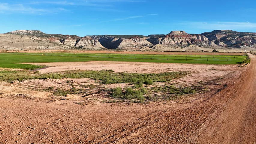 Expansive land featuring a dirt road, cultivated green fields, and distant mountainous terrain