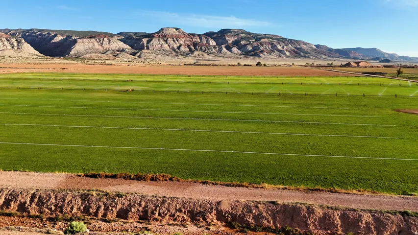 Expansive green field featuring irrigation systems and distant mountain range