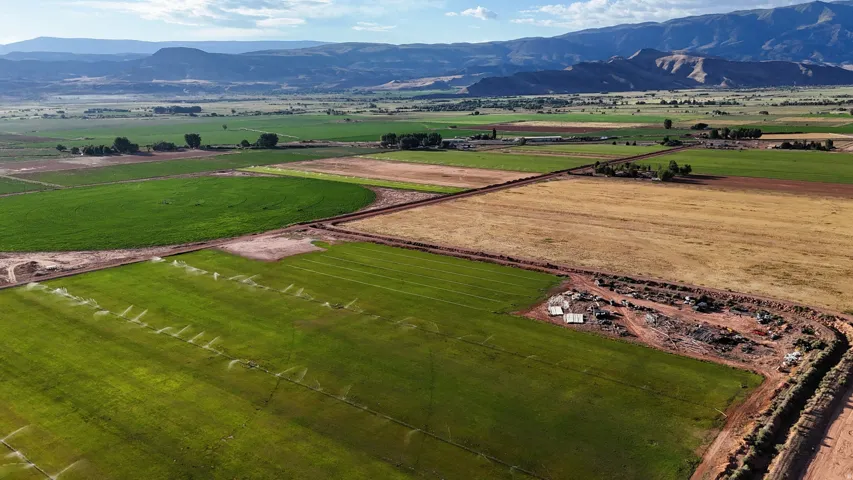 Expansive agricultural fields with active irrigation systems, bordered by natural terrain and distant mountains