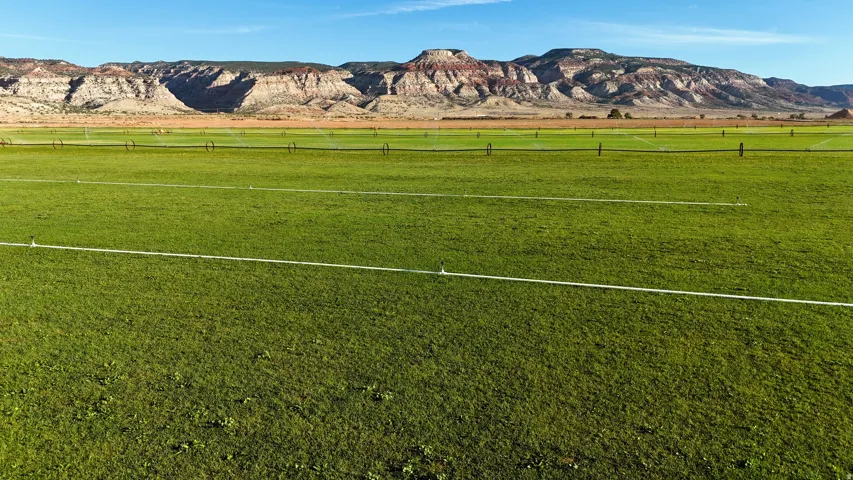 Expansive green field with visible irrigation lines, set against a backdrop of distant mountains under a clear sky