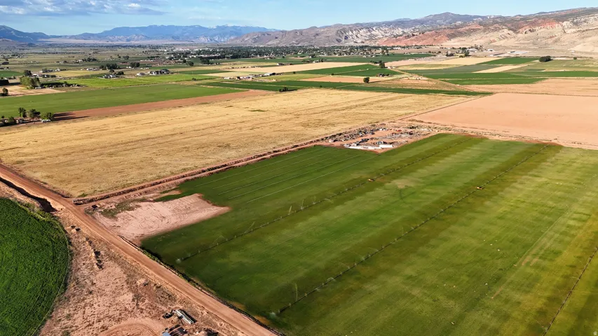 Expansive land parcel featuring cultivated fields and a dirt road