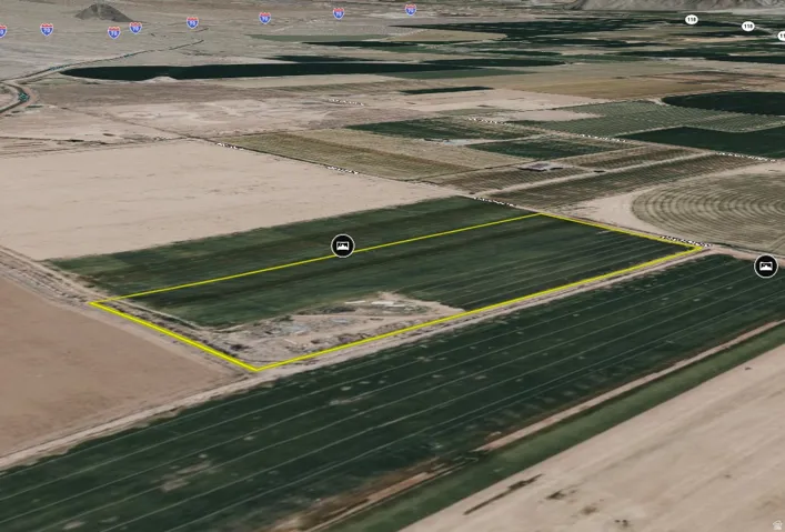 Aerial Property View, Site Plan. Highlighting the boundaries of the property within an agricultural area