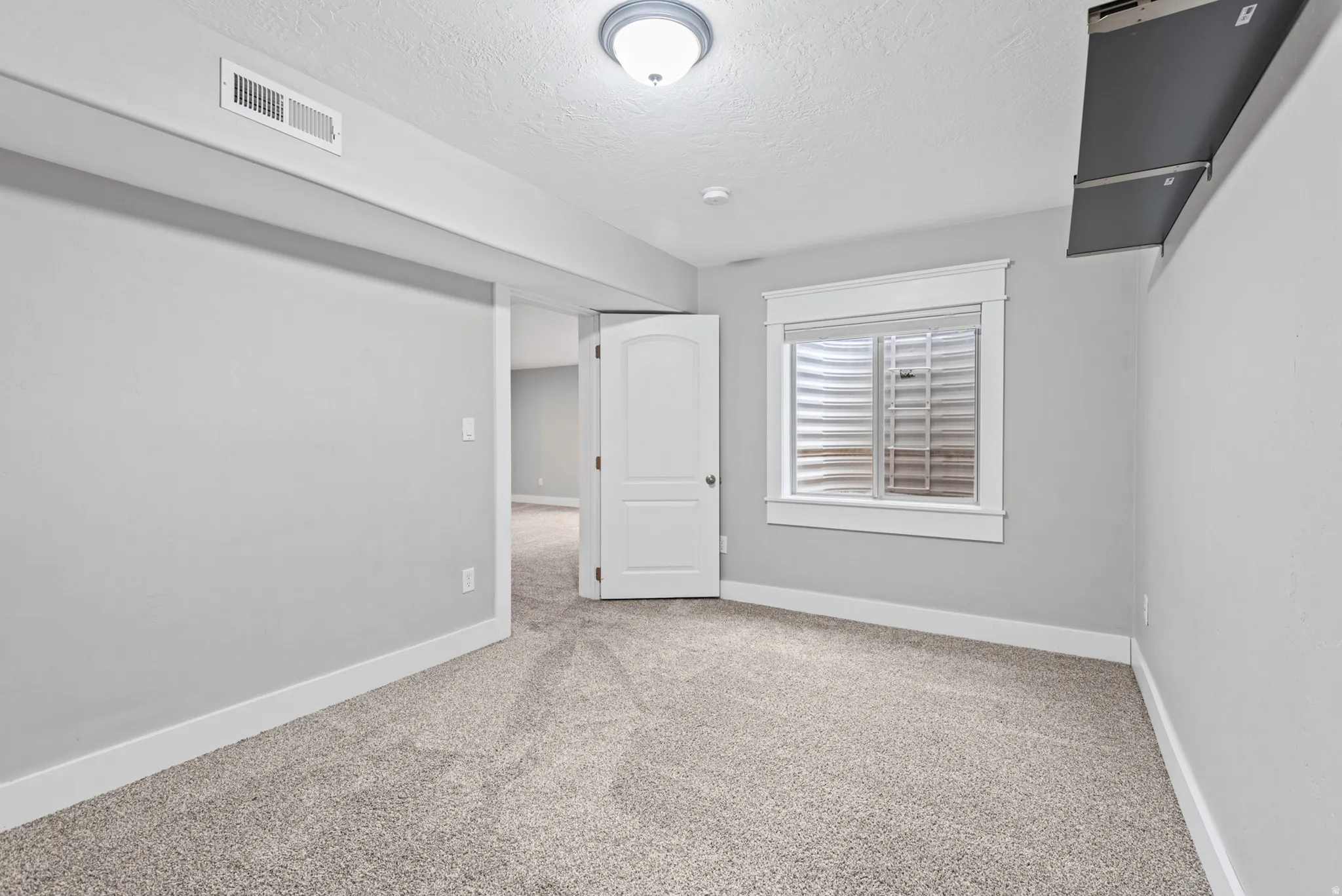 Carpeted room with a ceiling-mounted light fixture, egress window, white trim, and a paneled door