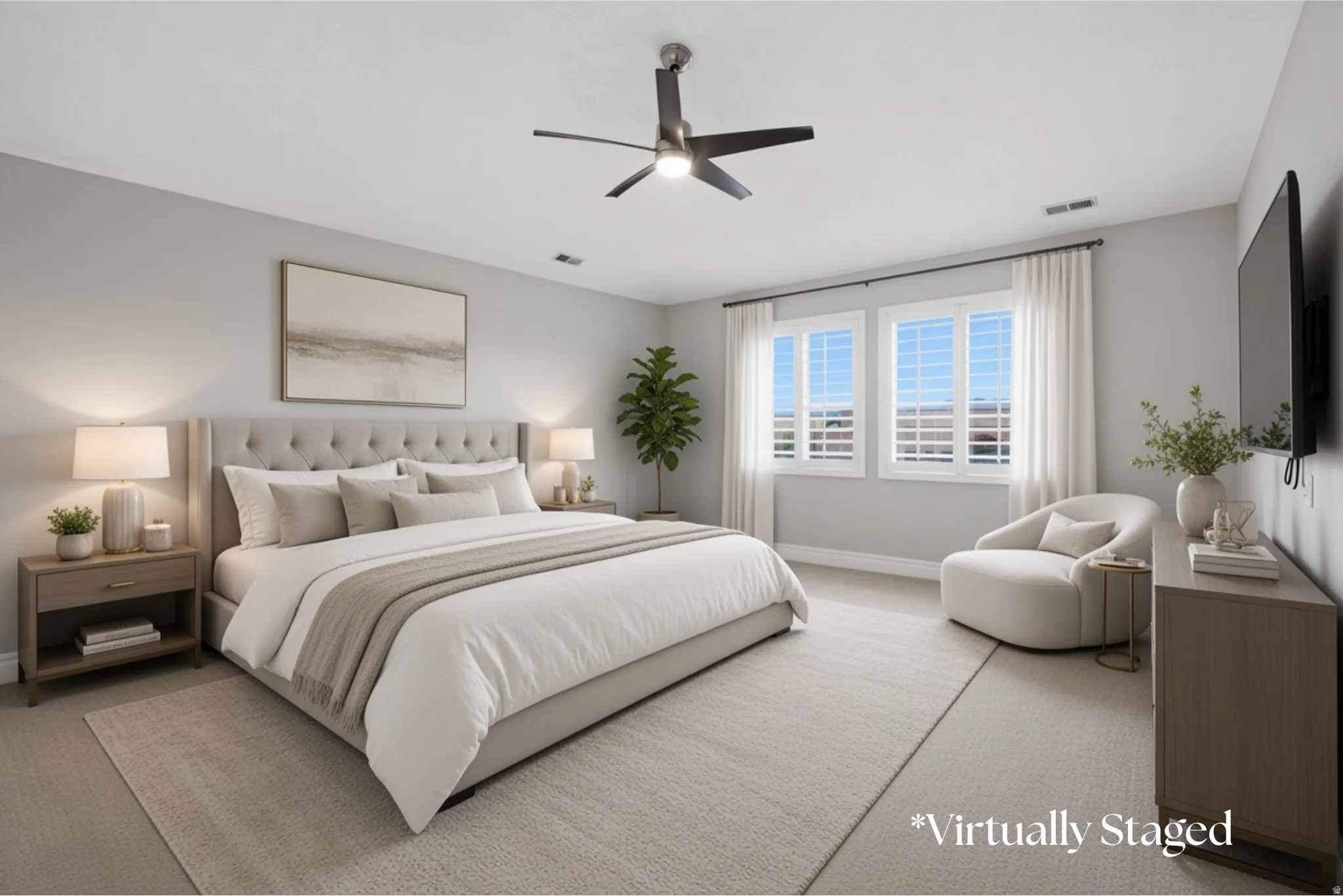 Bedroom featuring neutral wall tones, dual windows with plantation shutters, a ceiling fan, and carpeted flooring