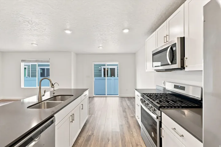 Contemporary kitchen featuring white cabinetry, stainless steel appliances, a double basin sink, and wood-finish flooring