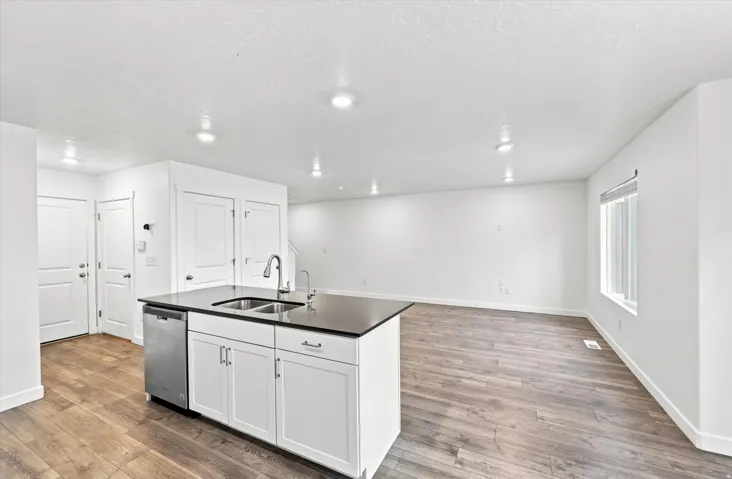 Kitchen island with an undermount dual-basin sink and stainless steel dishwasher