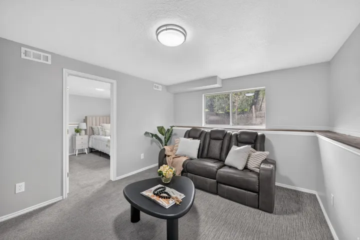 Recessed window, wood-finish shelving, overhead lighting, neutral wall tones, and carpeted flooring