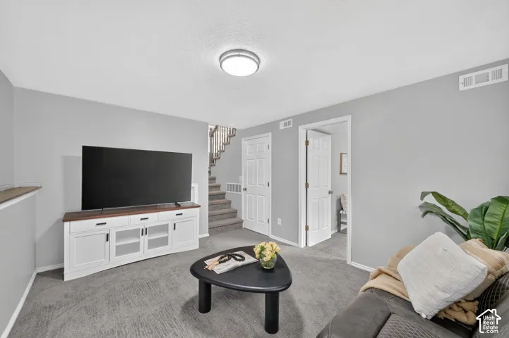 Wall-to-wall carpeting and neutral gray walls