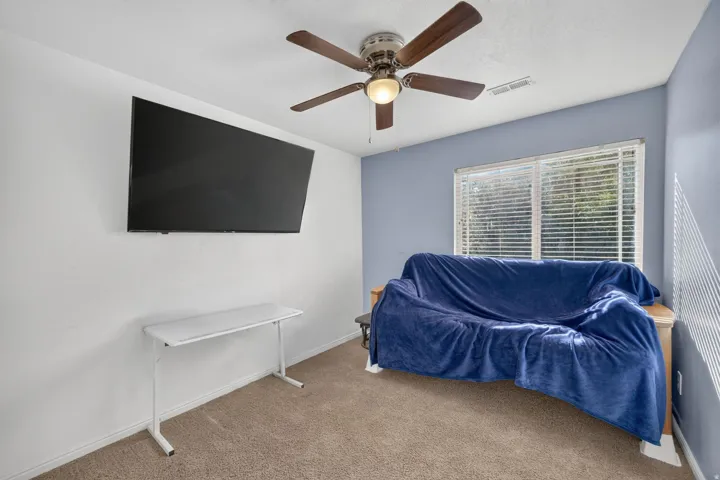 Ceiling fan with light fixture, window with blinds, and wall-mounted television