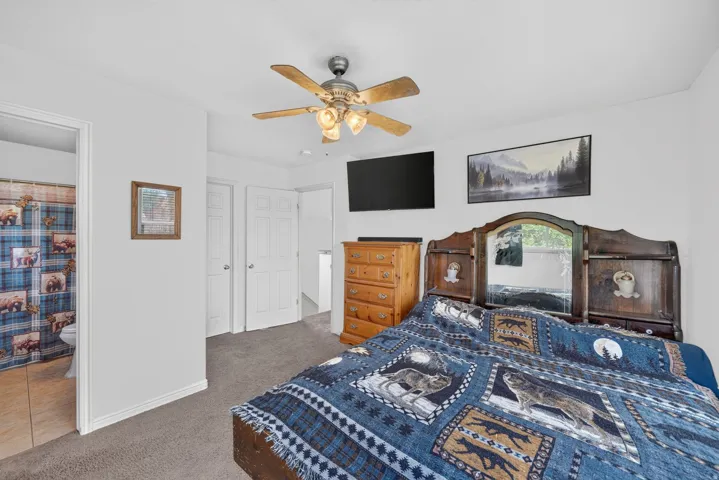 Recessed lighting, ceiling fan, carpet flooring, multiple doors, and an attached bathroom