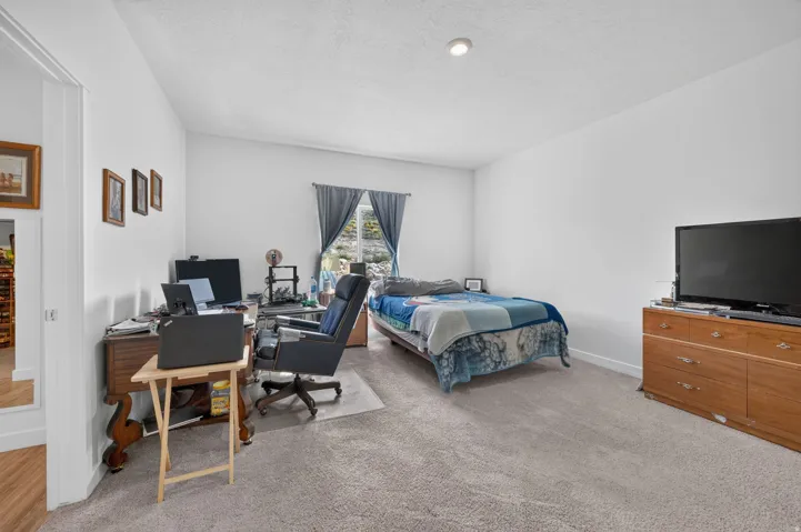 Recessed ceiling lighting, soft gray carpeting, white walls, and a window with blue drapes