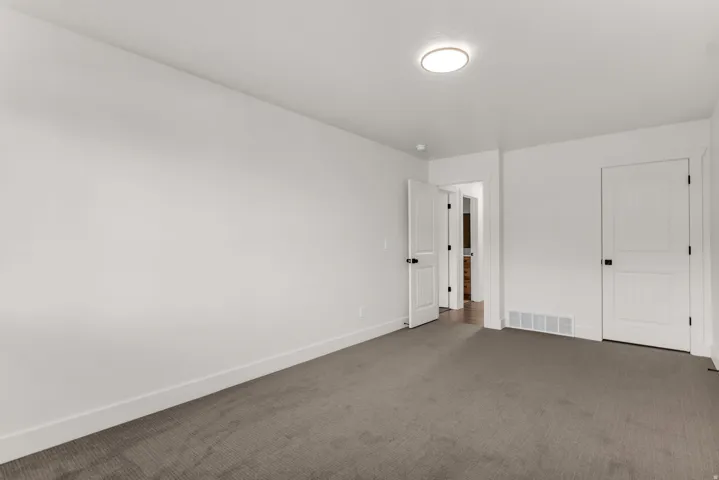 Carpeted flooring, white walls, white doors, black door hardware, and a ceiling-mounted light fixture