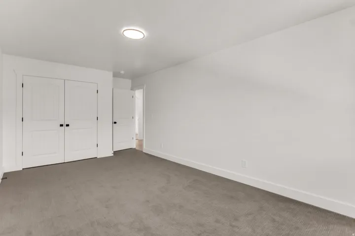 Spacious room featuring neutral carpeting, white walls, and a ceiling-mounted light fixture