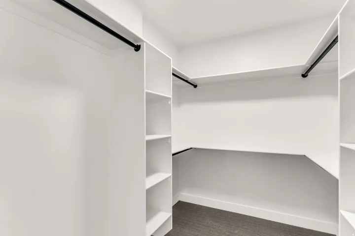 Integrated shelving units, multiple hanging rods, and dark carpet flooring