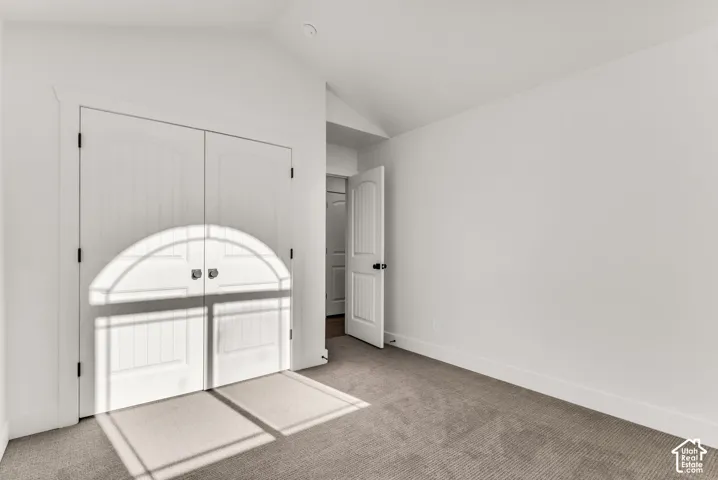 White walls, carpeted flooring, and a standard interior door