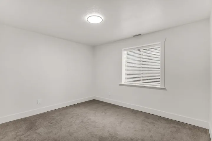 Neutral tone wall paint, carpet flooring, window with blinds, and flush mount lighting