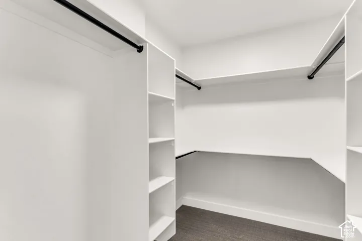 Integrated shelving units, multiple hanging rods, and dark carpet flooring
